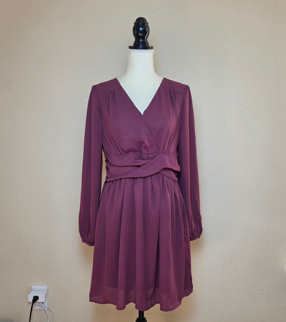 Entro Burgundy Long Sleeve Chiffon Dress Medium